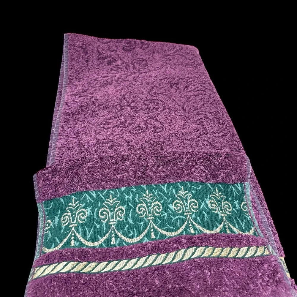 Vtg Santens Towel Set Purple & Green Gold Embroidered Dark‎ Romance Goth Decor